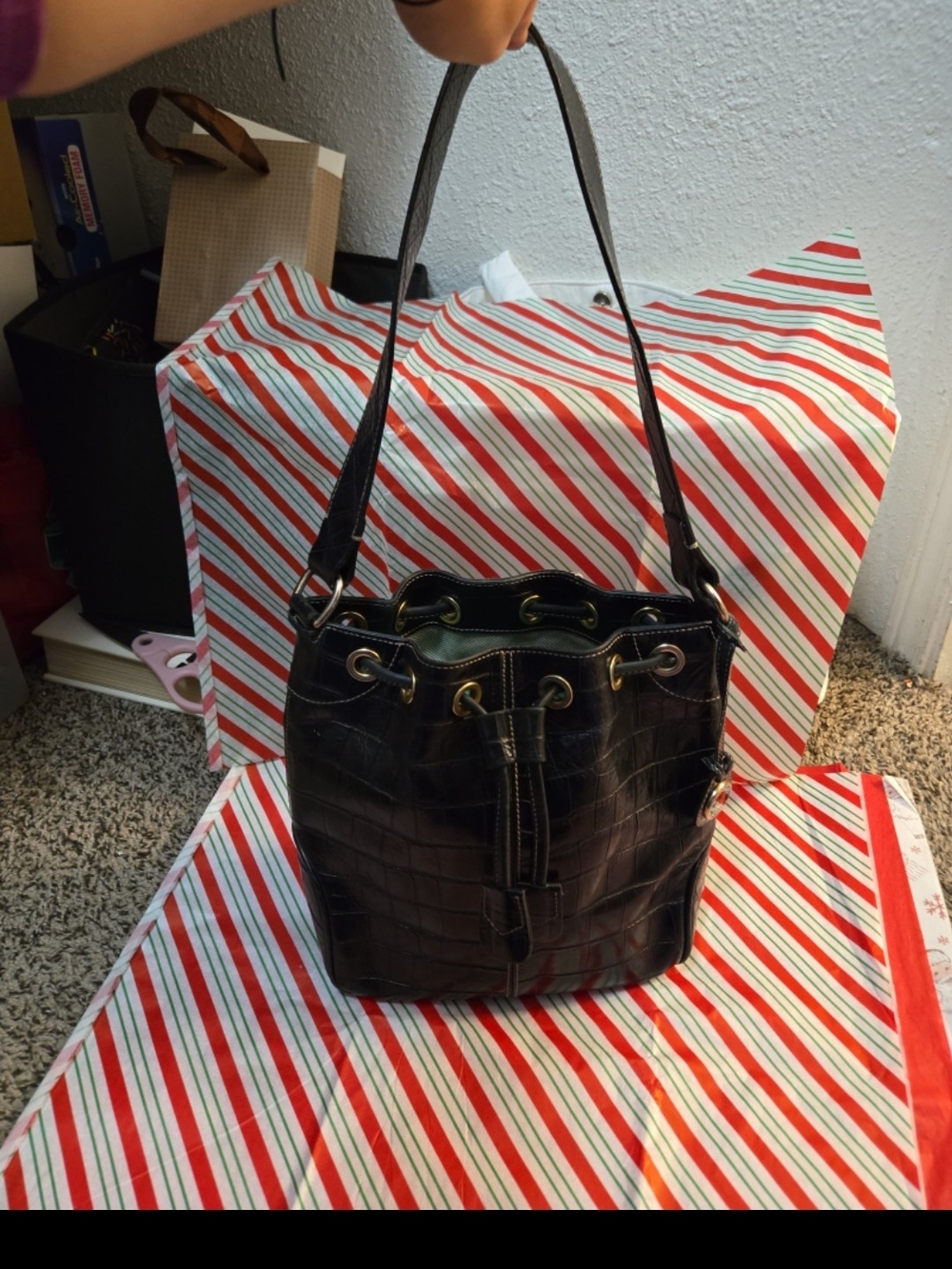 Vintage Dooney & Bourke Black Croc-Embossed Drawstring Shoulder Bucket Bag